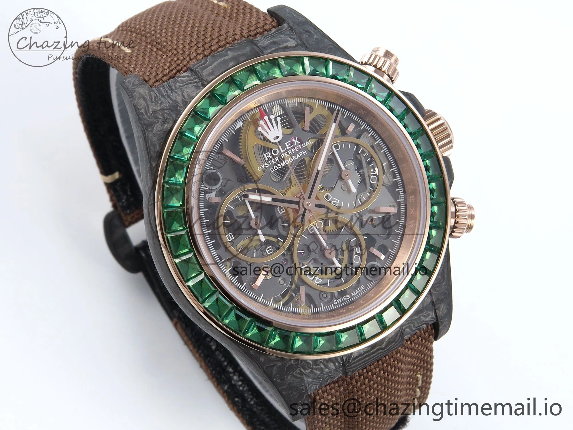 Daytona DIW Black Carbon DIWF Best Edition Skeleton Dial Green Diamonds Bezel on Brown Nylon Strap DD4801