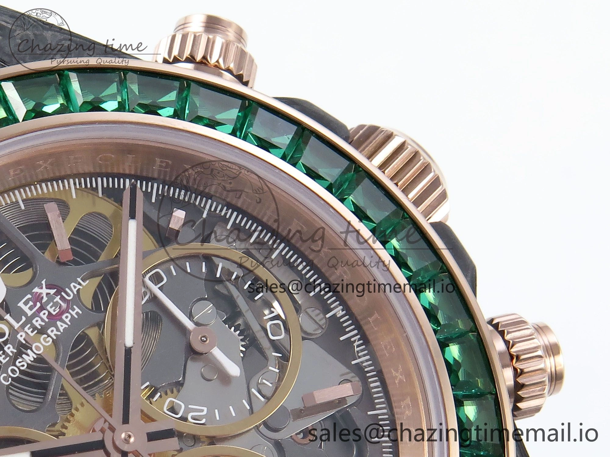 Daytona DIW Black Carbon DIWF Best Edition Skeleton Dial Green Diamonds Bezel on Brown Nylon Strap DD4801