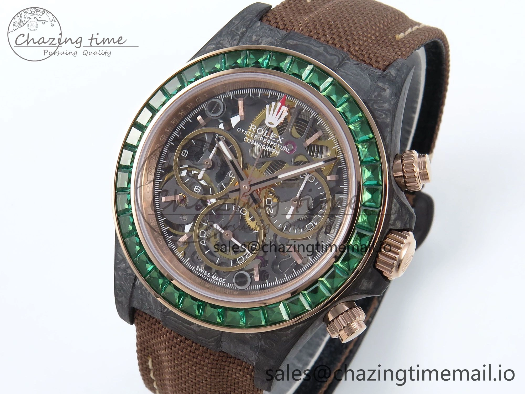 Daytona DIW Black Carbon DIWF Best Edition Skeleton Dial Green Diamonds Bezel on Brown Nylon Strap DD4801