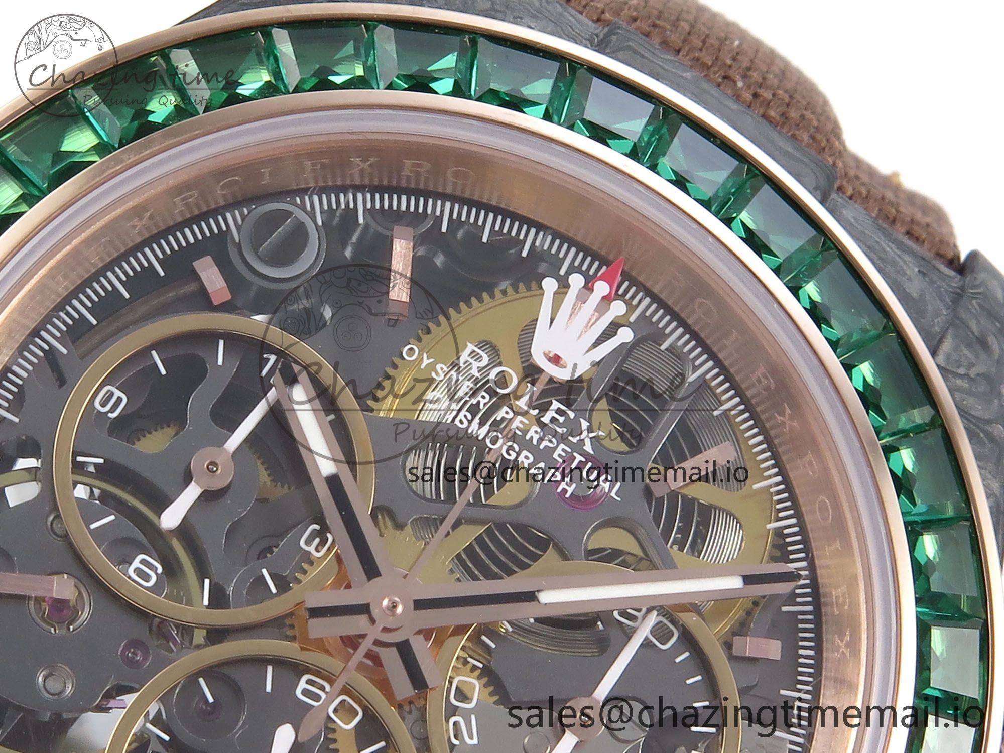 Daytona DIW Black Carbon DIWF Best Edition Skeleton Dial Green Diamonds Bezel on Brown Nylon Strap DD4801