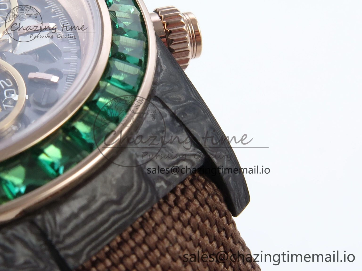 Daytona DIW Black Carbon DIWF Best Edition Skeleton Dial Green Diamonds Bezel on Brown Nylon Strap DD4801