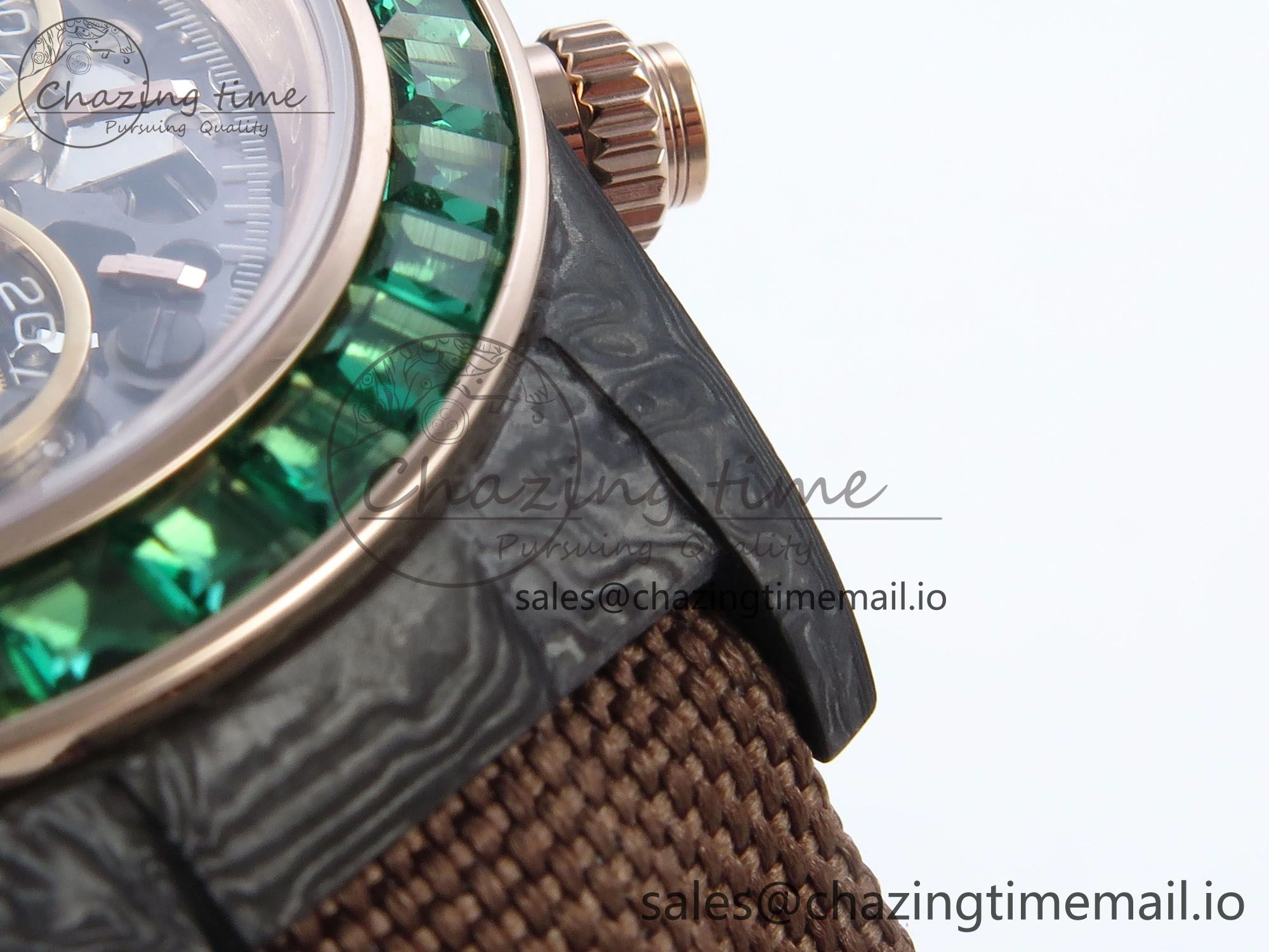 Daytona DIW Black Carbon DIWF Best Edition Skeleton Dial Green Diamonds Bezel on Brown Nylon Strap DD4801