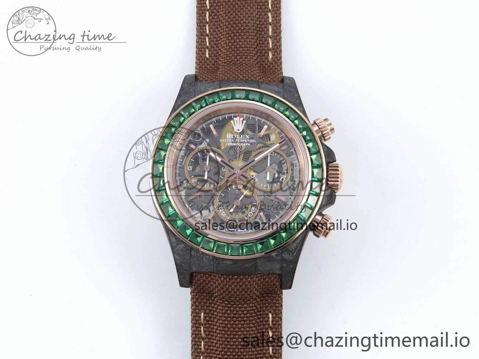 Daytona DIW Black Carbon DIWF Best Edition Skeleton Dial Green Diamonds Bezel on Brown Nylon Strap DD4801