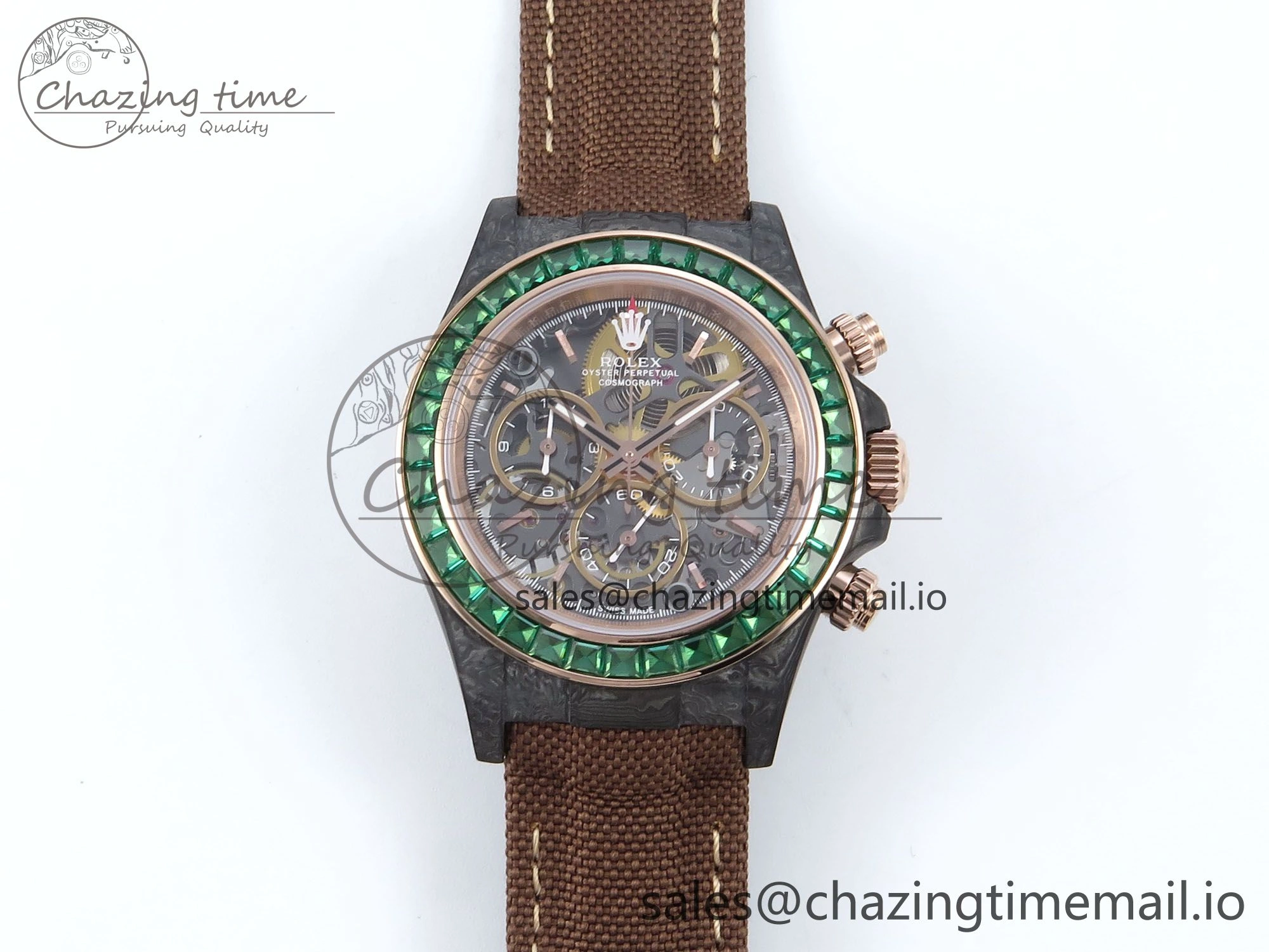 Daytona DIW Black Carbon DIWF Best Edition Skeleton Dial Green Diamonds Bezel on Brown Nylon Strap DD4801