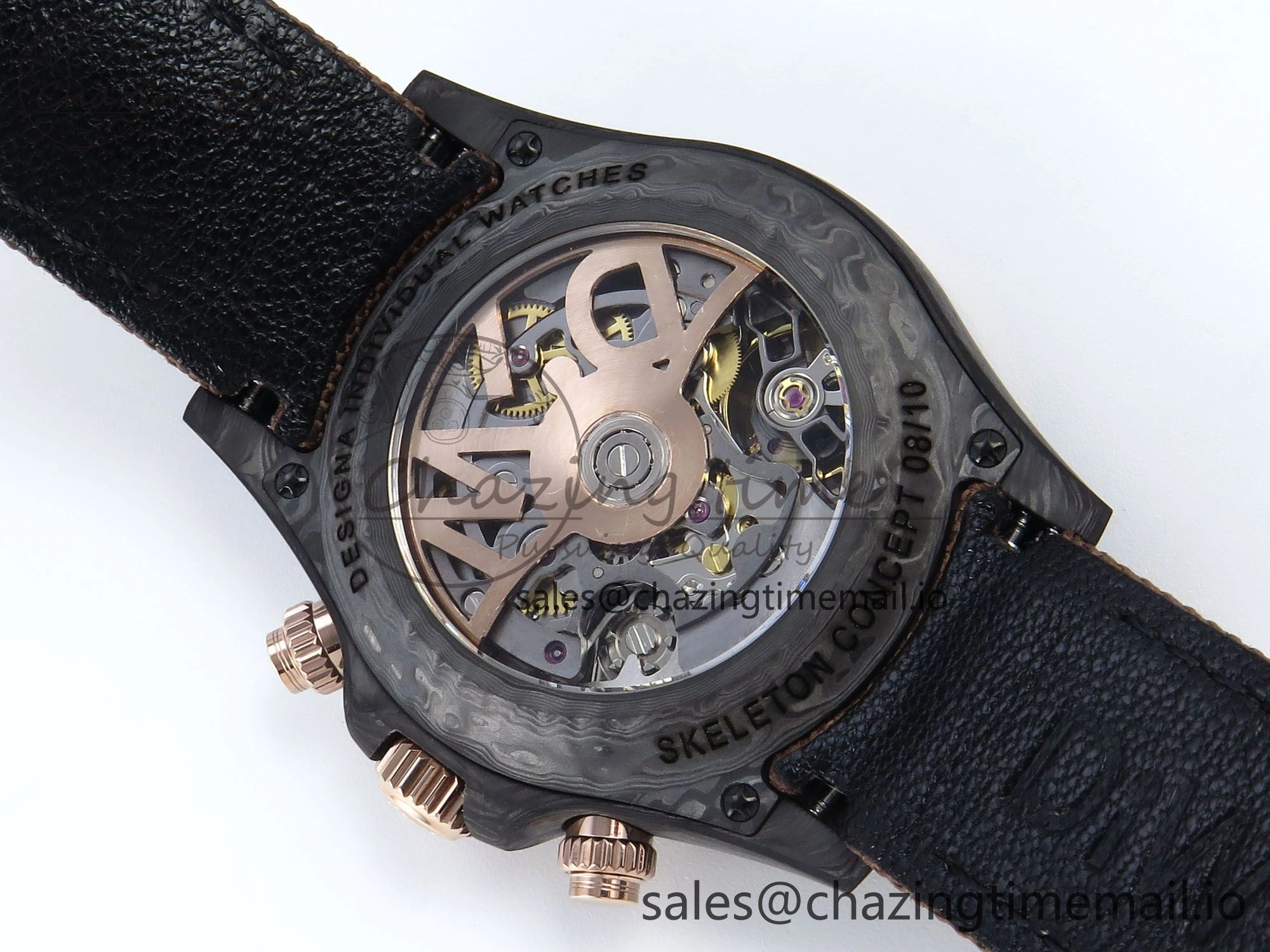 Daytona DIW Black Carbon DIWF Best Edition Skeleton Dial Green Diamonds Bezel on Brown Nylon Strap DD4801