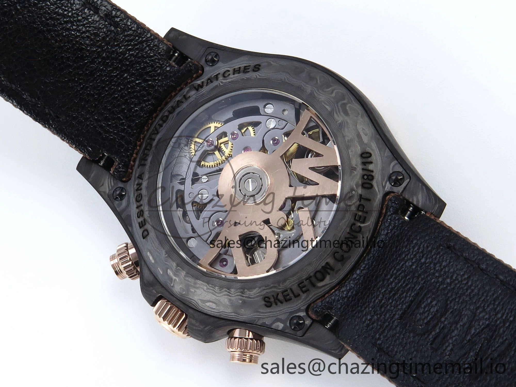 Daytona DIW Black Carbon DIWF Best Edition Skeleton Dial Green Diamonds Bezel on Brown Nylon Strap DD4801