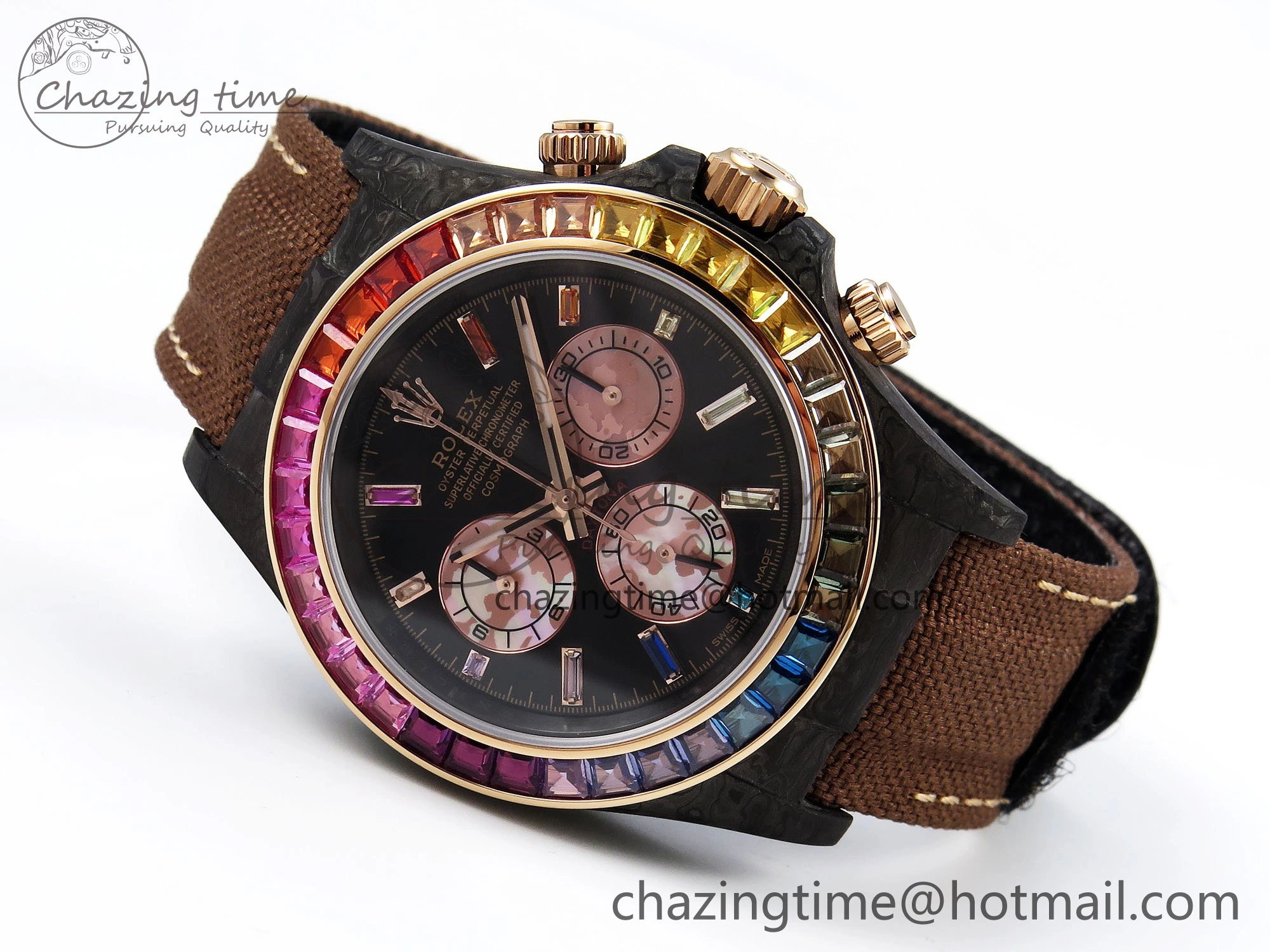 Daytona DIW Carbon Case DIWF Edition Black Dial Rainbow Diamonds Bezel on Brown Nylon Strap A7750