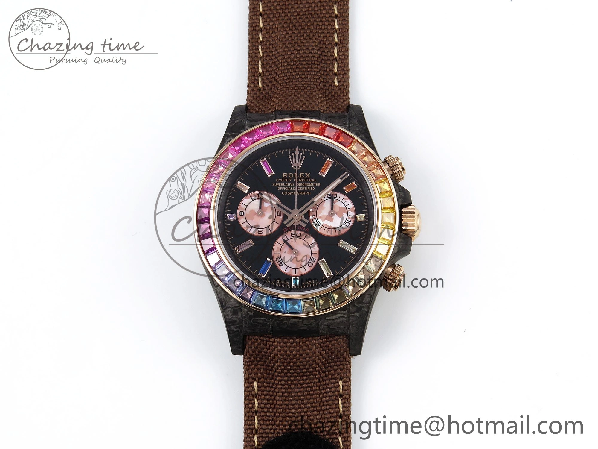 Daytona DIW Carbon Case DIWF Edition Black Dial Rainbow Diamonds Bezel on Brown Nylon Strap A7750