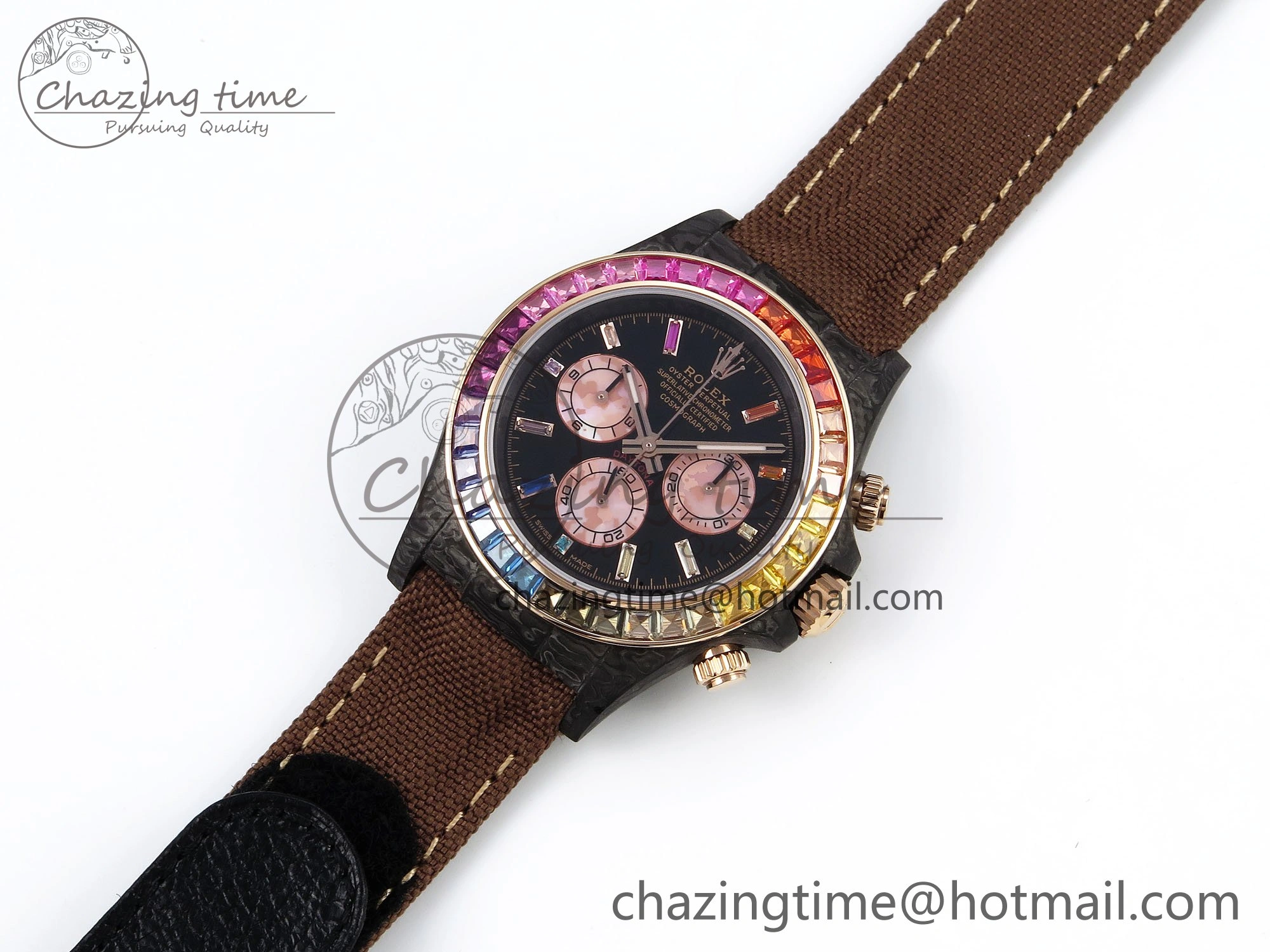 Daytona DIW Carbon Case DIWF Edition Black Dial Rainbow Diamonds Bezel on Brown Nylon Strap A7750