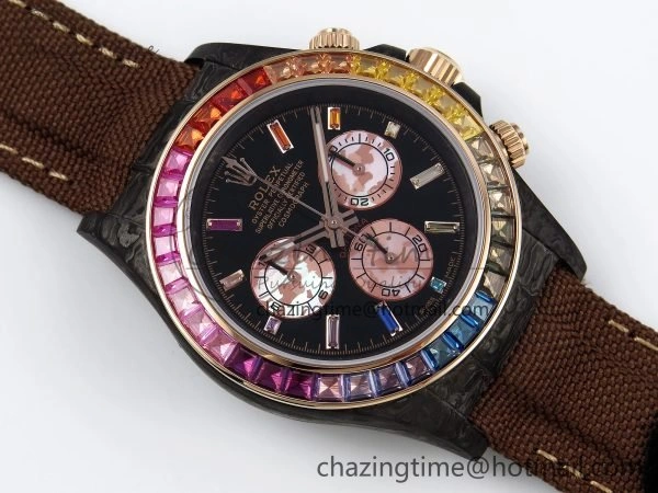 Daytona DIW Carbon Case DIWF Edition Black Dial Rainbow Diamonds Bezel on Brown Nylon Strap A7750