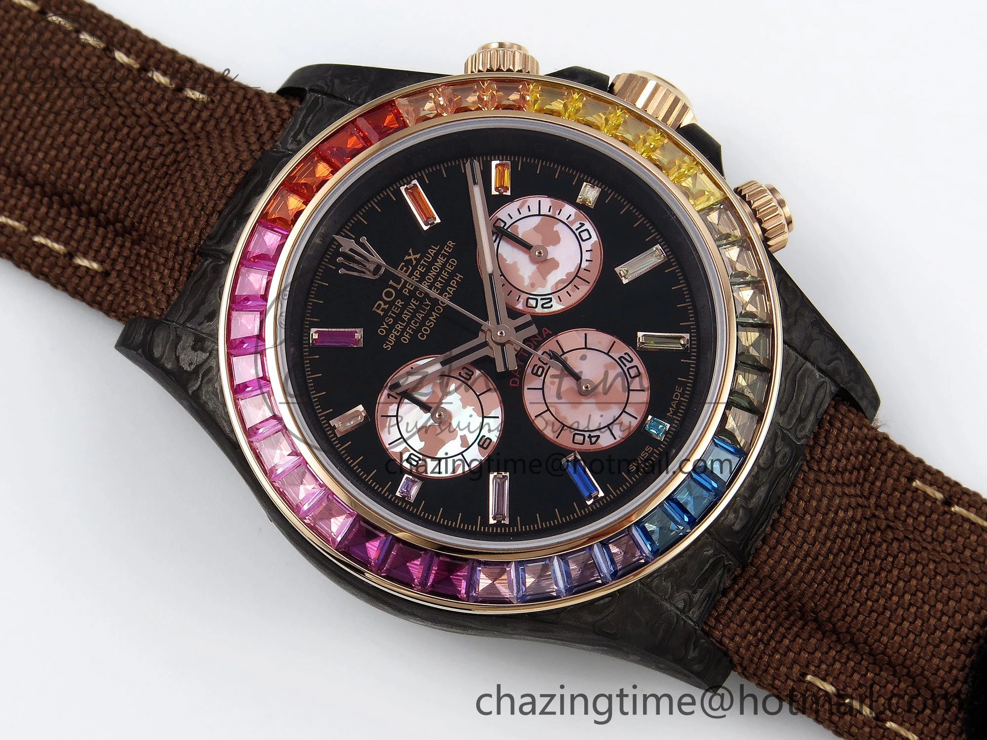 Daytona DIW Carbon Case DIWF Edition Black Dial Rainbow Diamonds Bezel on Brown Nylon Strap A7750