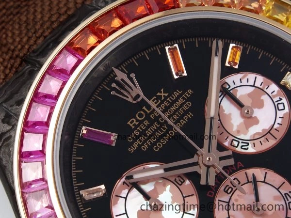 Daytona DIW Carbon Case DIWF Edition Black Dial Rainbow Diamonds Bezel on Brown Nylon Strap A7750