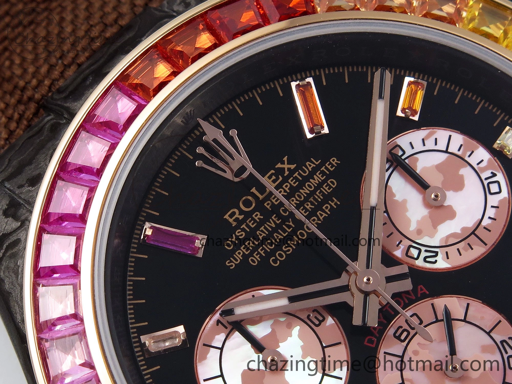 Daytona DIW Carbon Case DIWF Edition Black Dial Rainbow Diamonds Bezel on Brown Nylon Strap A7750