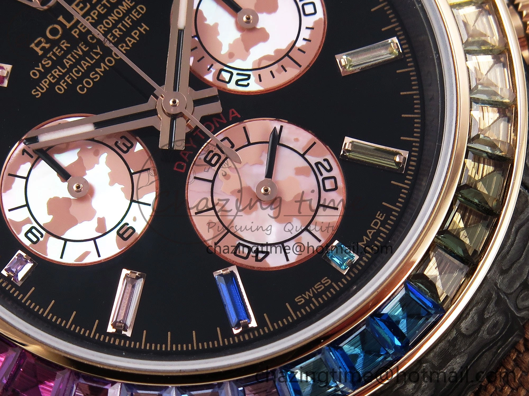 Daytona DIW Carbon Case DIWF Edition Black Dial Rainbow Diamonds Bezel on Brown Nylon Strap A7750
