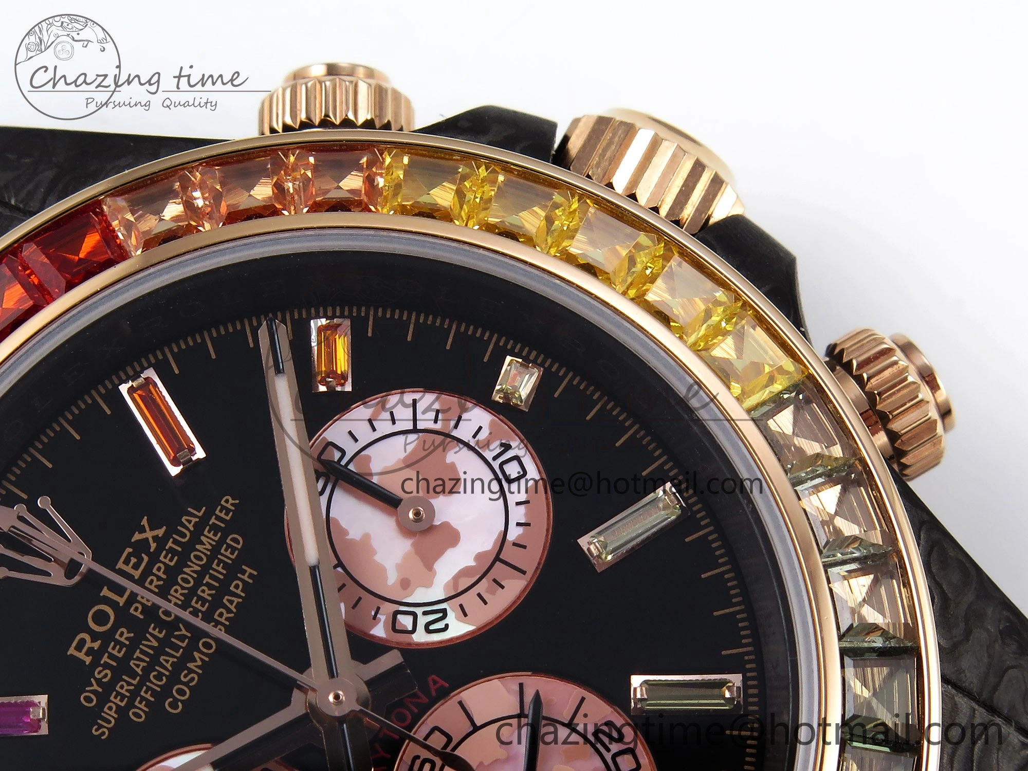 Daytona DIW Carbon Case DIWF Edition Black Dial Rainbow Diamonds Bezel on Brown Nylon Strap A7750