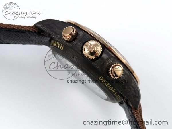 Daytona DIW Carbon Case DIWF Edition Black Dial Rainbow Diamonds Bezel on Brown Nylon Strap A7750