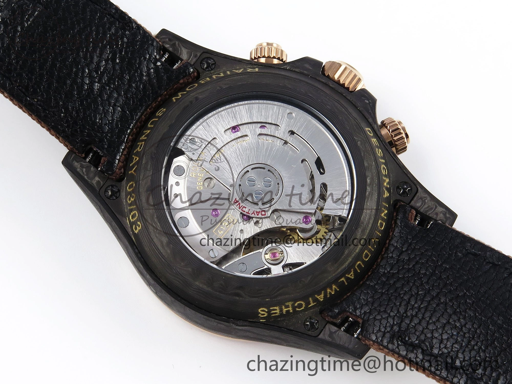 Daytona DIW Carbon Case DIWF Edition Black Dial Rainbow Diamonds Bezel on Brown Nylon Strap A7750