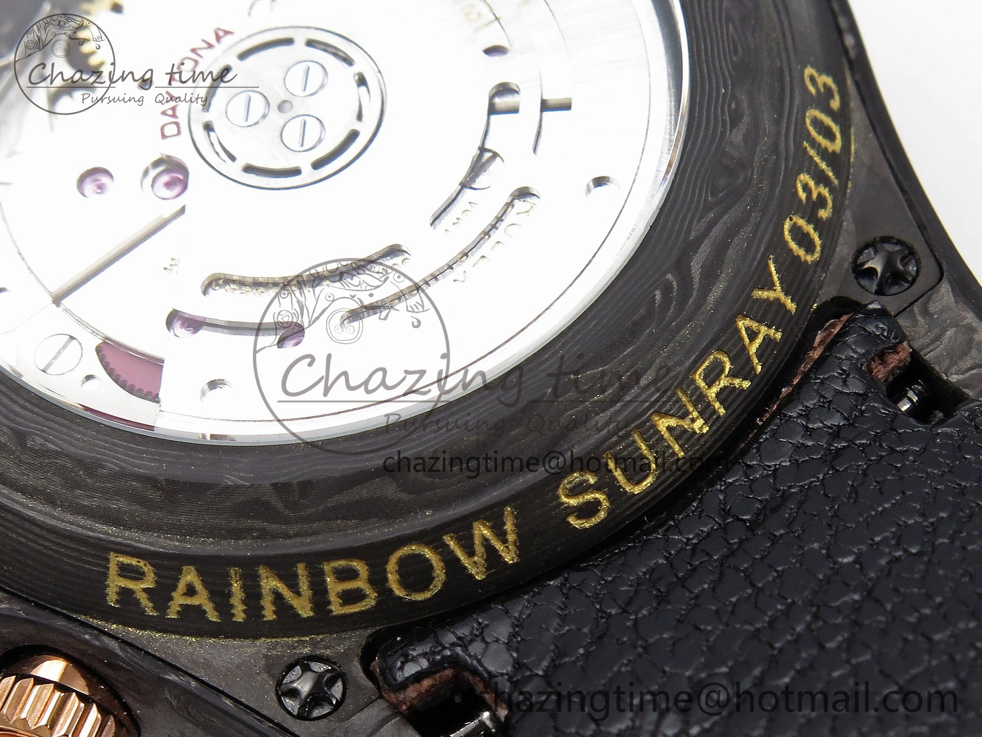 Daytona DIW Carbon Case DIWF Edition Black Dial Rainbow Diamonds Bezel on Brown Nylon Strap A7750