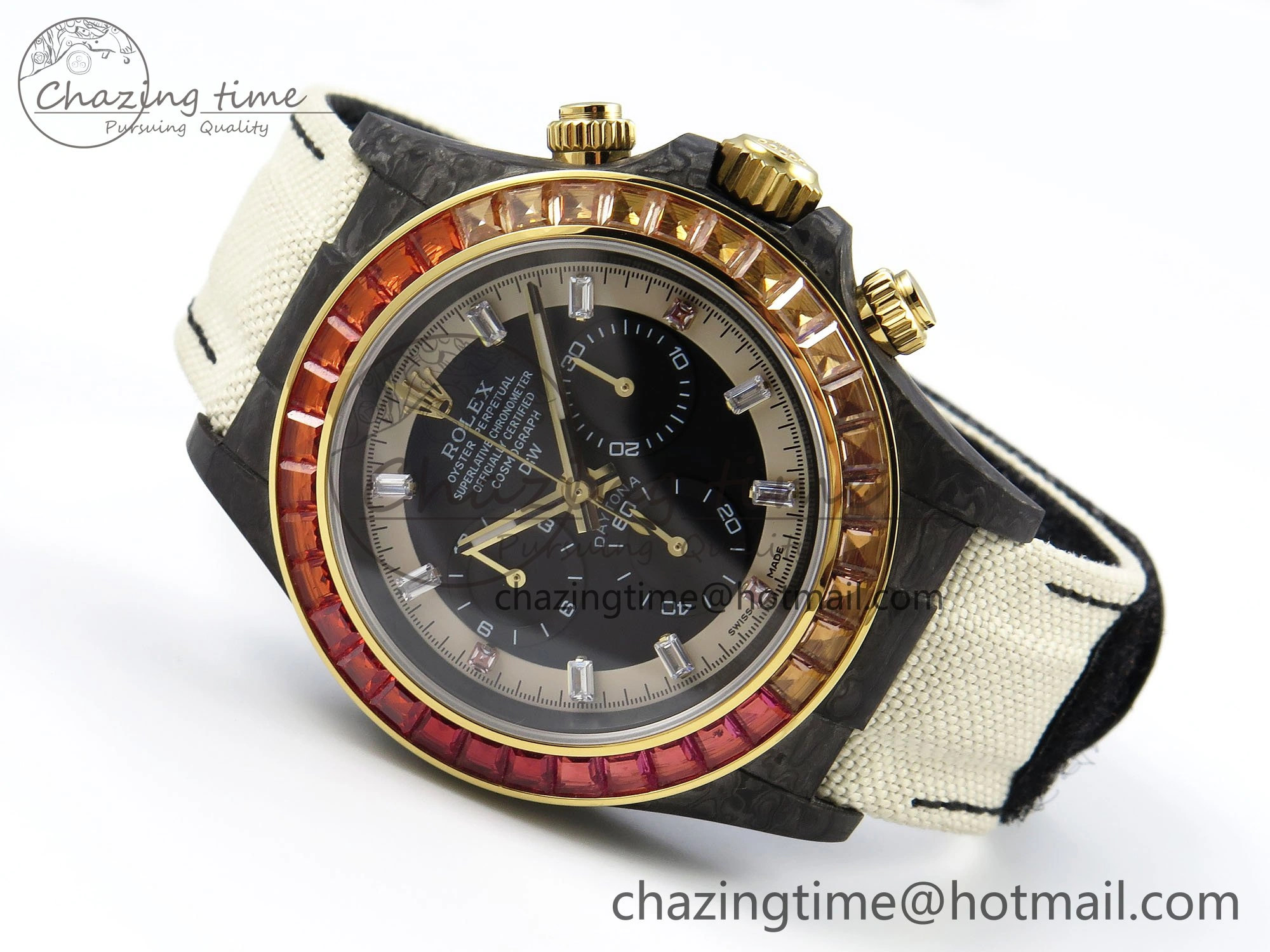 Daytona DIW Carbon Case DIWF Edition Black White Dial Orange Diamonds Bezel on White Nylon Strap A7750