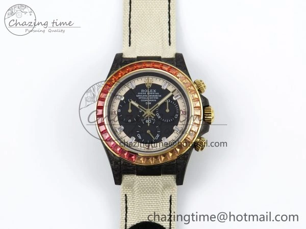 Daytona DIW Carbon Case DIWF Edition Black White Dial Orange Diamonds Bezel on White Nylon Strap A7750