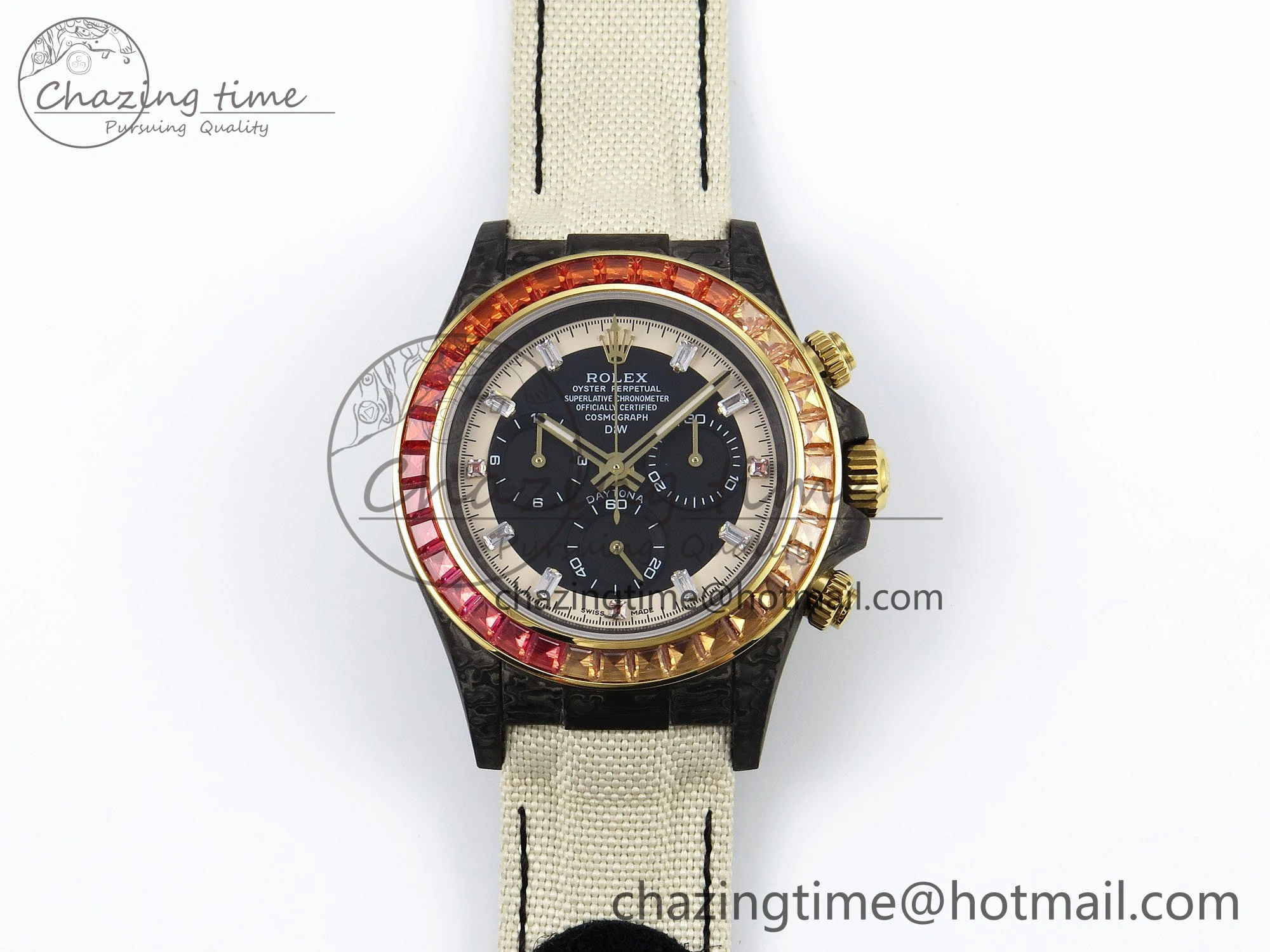 Daytona DIW Carbon Case DIWF Edition Black White Dial Orange Diamonds Bezel on White Nylon Strap A7750