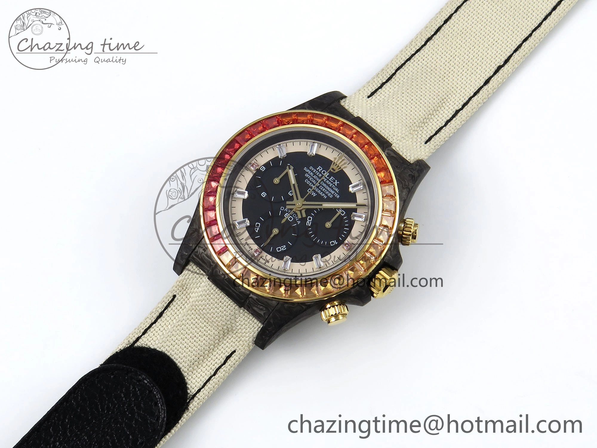 Daytona DIW Carbon Case DIWF Edition Black White Dial Orange Diamonds Bezel on White Nylon Strap A7750