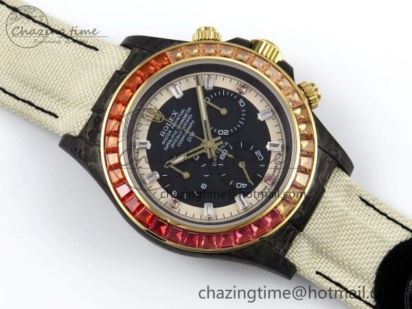 Daytona DIW Carbon Case DIWF Edition Black White Dial Orange Diamonds Bezel on White Nylon Strap A7750
