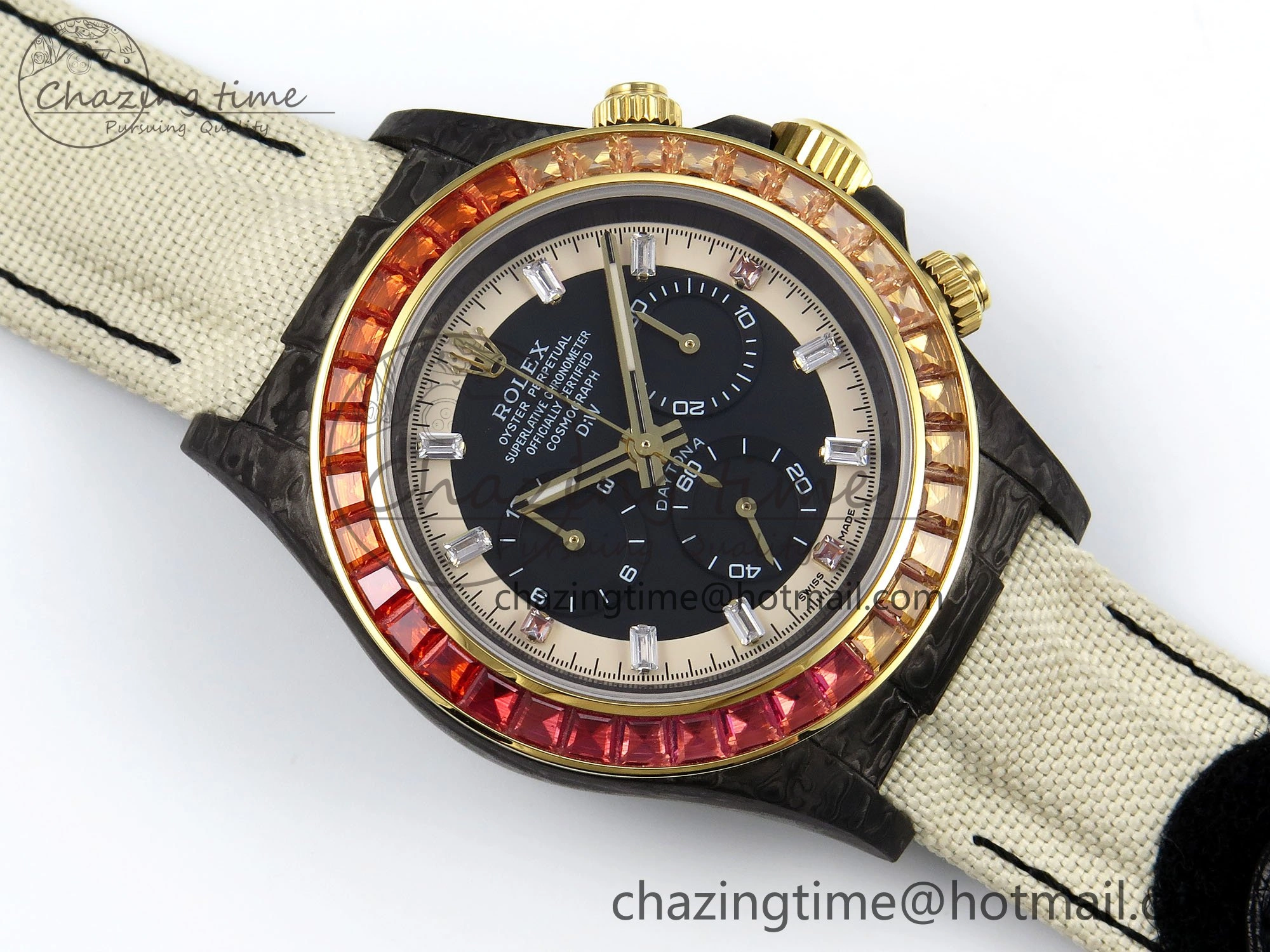 Daytona DIW Carbon Case DIWF Edition Black White Dial Orange Diamonds Bezel on White Nylon Strap A7750