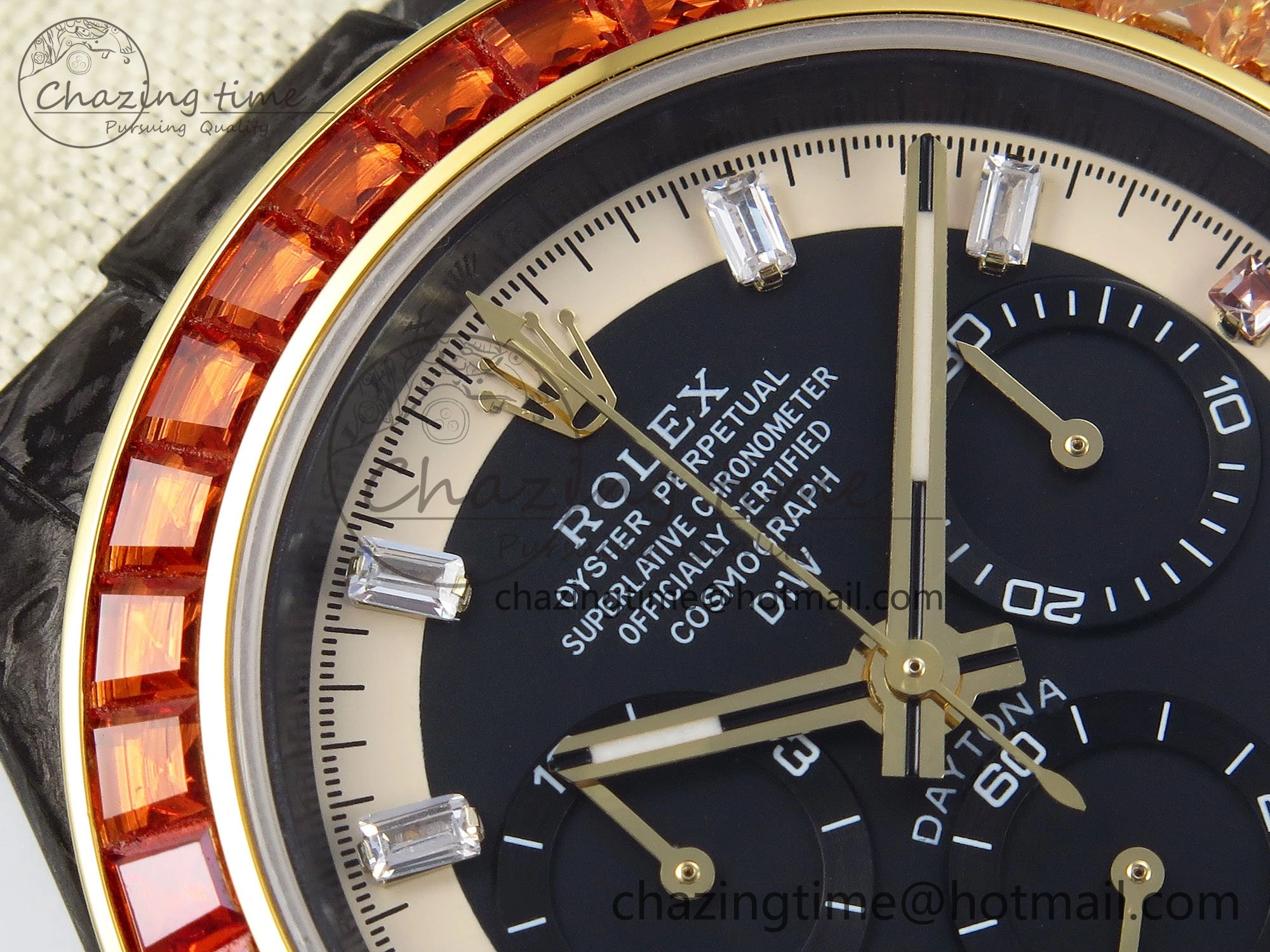 Daytona DIW Carbon Case DIWF Edition Black White Dial Orange Diamonds Bezel on White Nylon Strap A7750