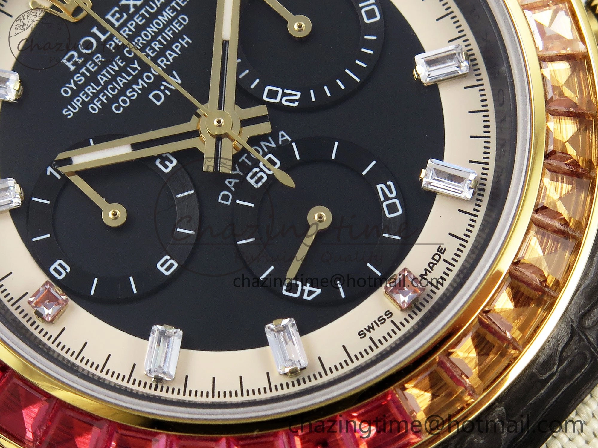 Daytona DIW Carbon Case DIWF Edition Black White Dial Orange Diamonds Bezel on White Nylon Strap A7750