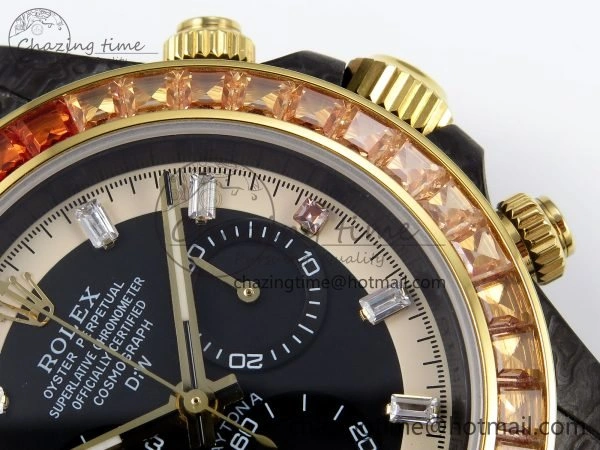 Daytona DIW Carbon Case DIWF Edition Black White Dial Orange Diamonds Bezel on White Nylon Strap A7750