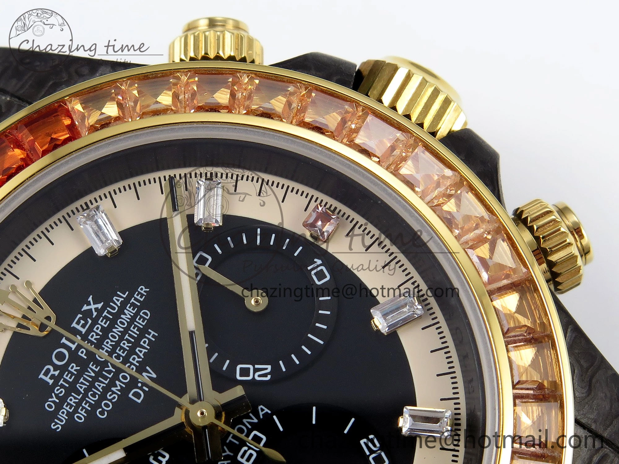 Daytona DIW Carbon Case DIWF Edition Black White Dial Orange Diamonds Bezel on White Nylon Strap A7750