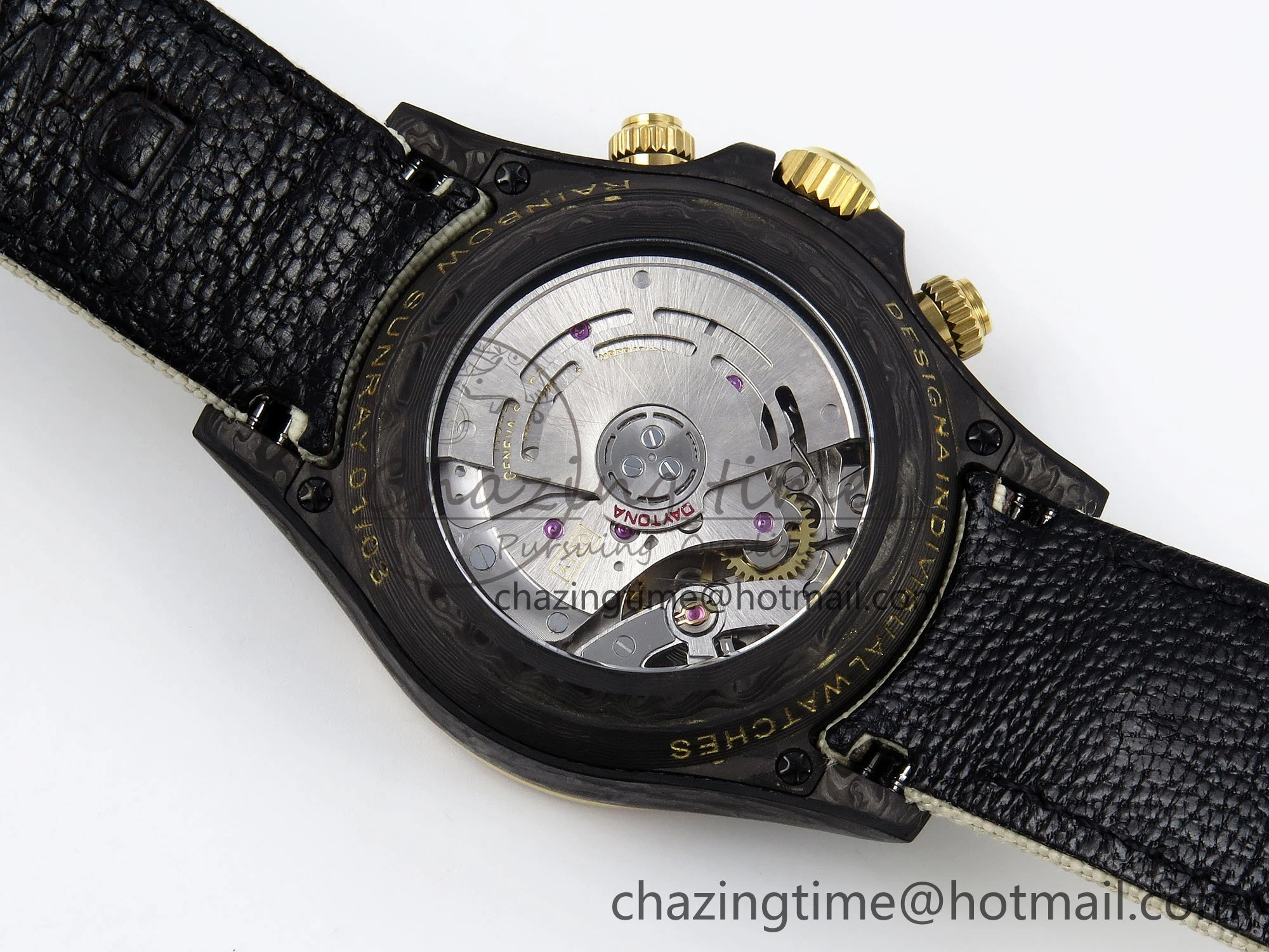Daytona DIW Carbon Case DIWF Edition Black White Dial Orange Diamonds Bezel on White Nylon Strap A7750