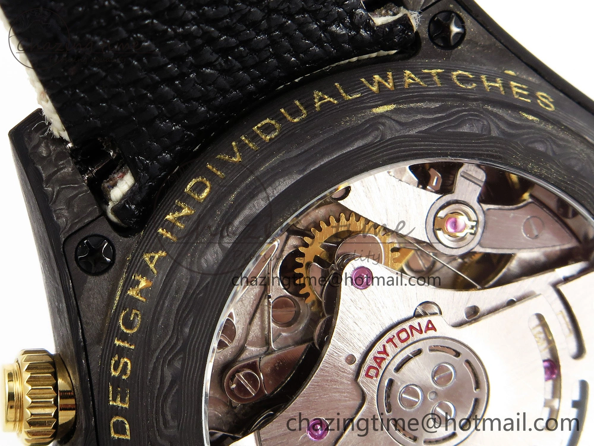Daytona DIW Carbon Case DIWF Edition Black White Dial Orange Diamonds Bezel on White Nylon Strap A7750