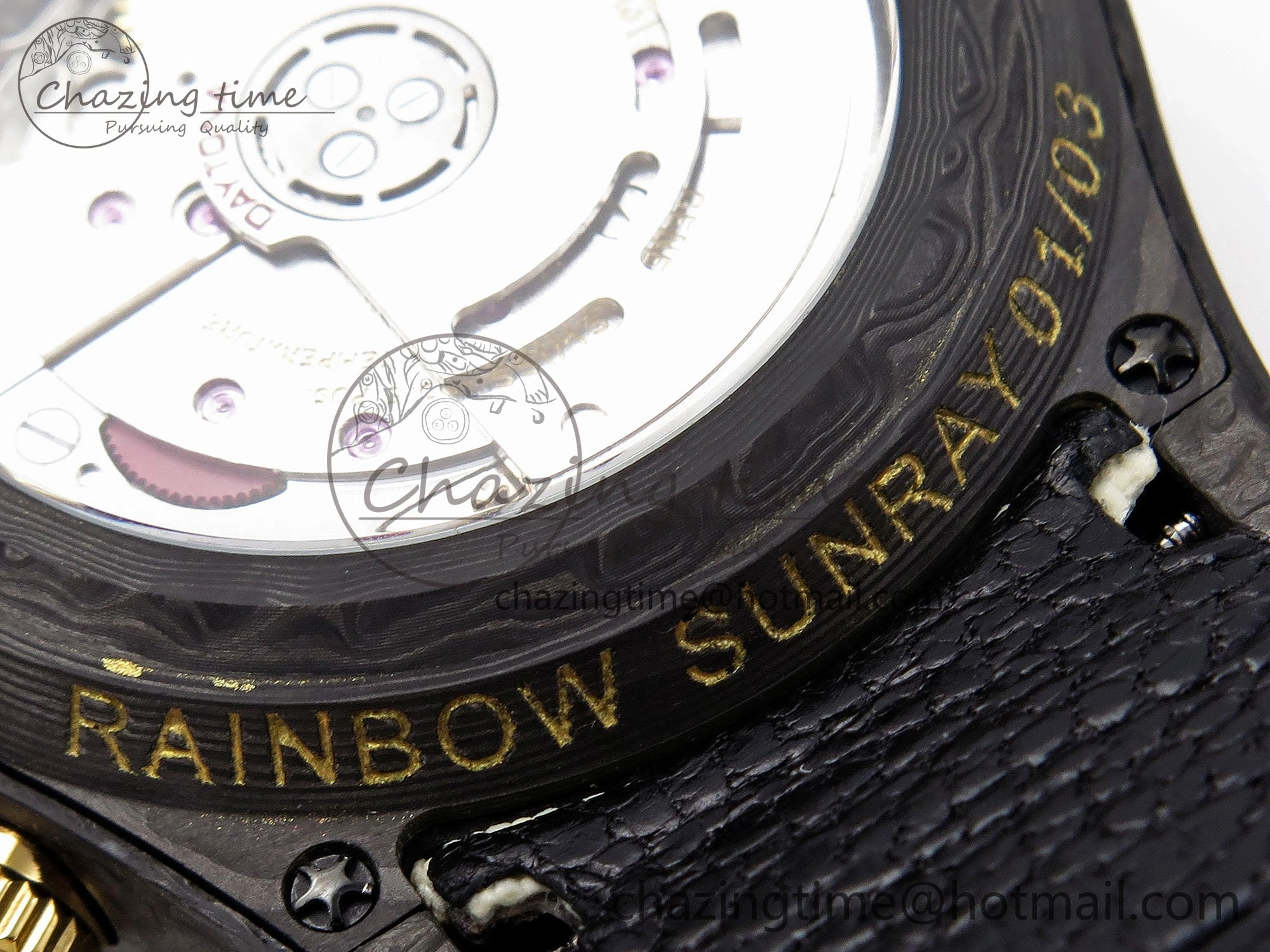 Daytona DIW Carbon Case DIWF Edition Black White Dial Orange Diamonds Bezel on White Nylon Strap A7750