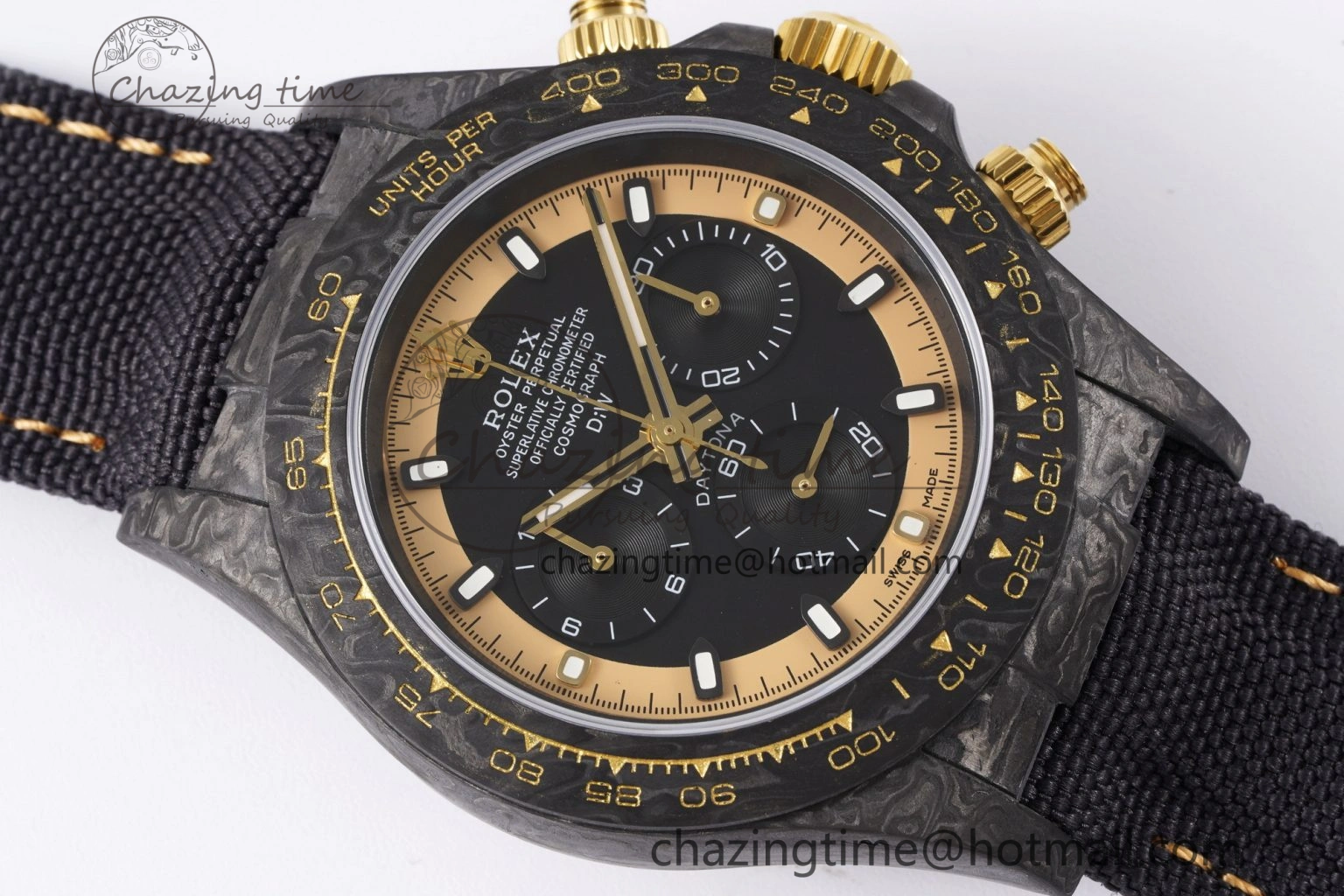 Daytona DIW Carbon Case and Bezel DIWF Edition Black Gold Dial on Black Nylon Strap A7750