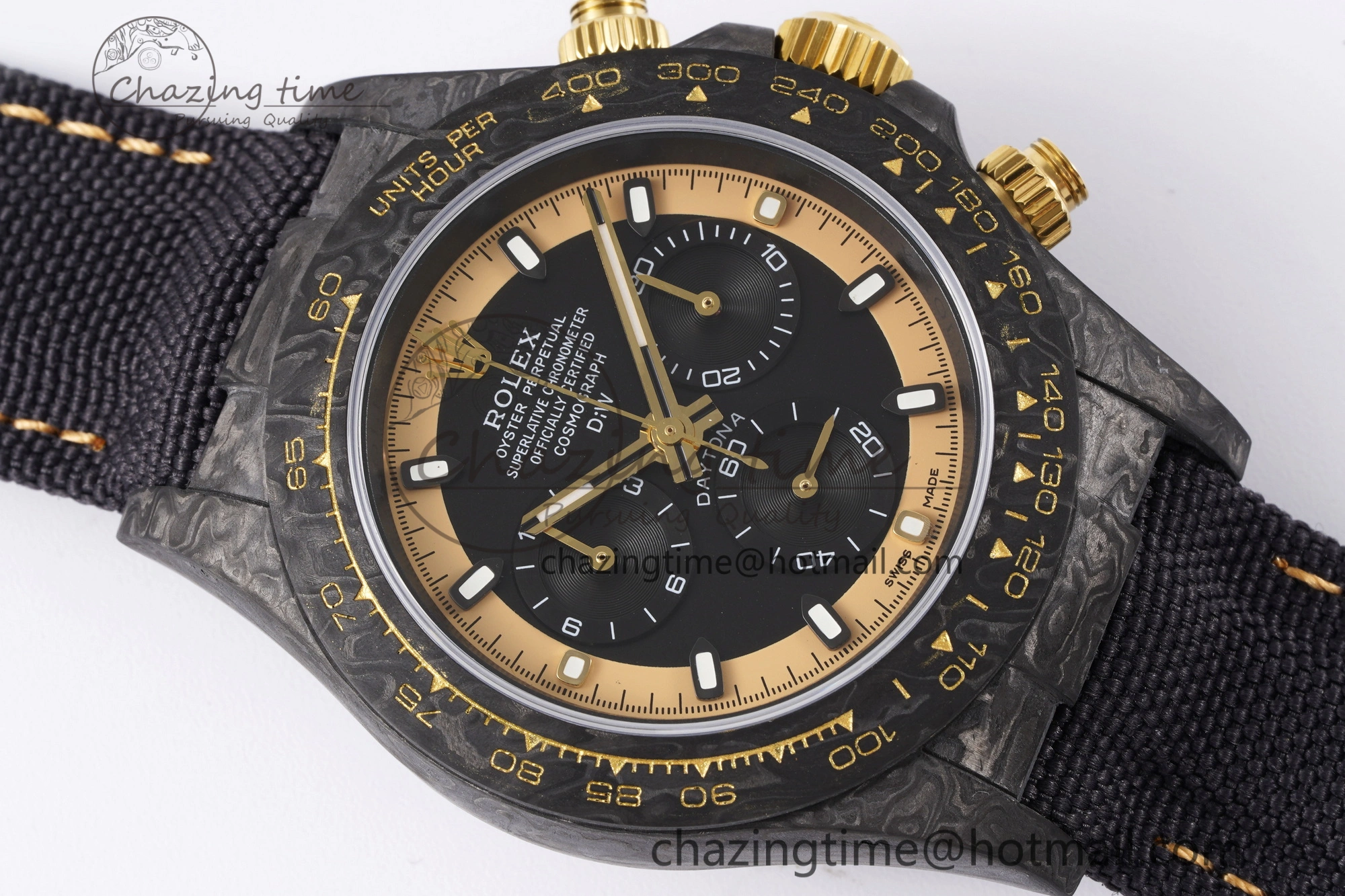 Daytona DIW Carbon Case and Bezel DIWF Edition Black Gold Dial on Black Nylon Strap A7750