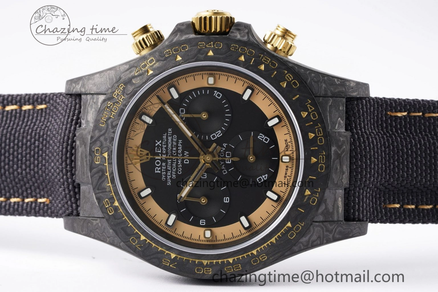Daytona DIW Carbon Case and Bezel DIWF Edition Black Gold Dial on Black Nylon Strap A7750