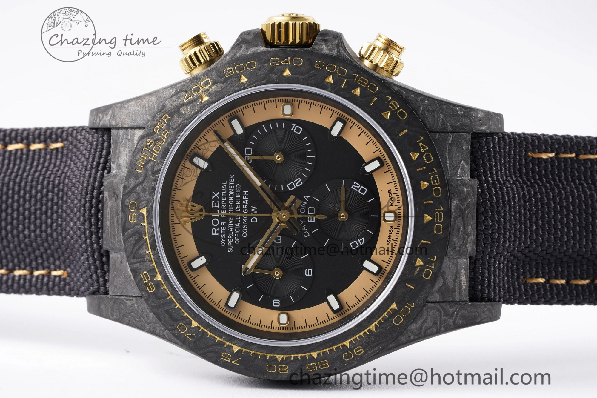 Daytona DIW Carbon Case and Bezel DIWF Edition Black Gold Dial on Black Nylon Strap A7750