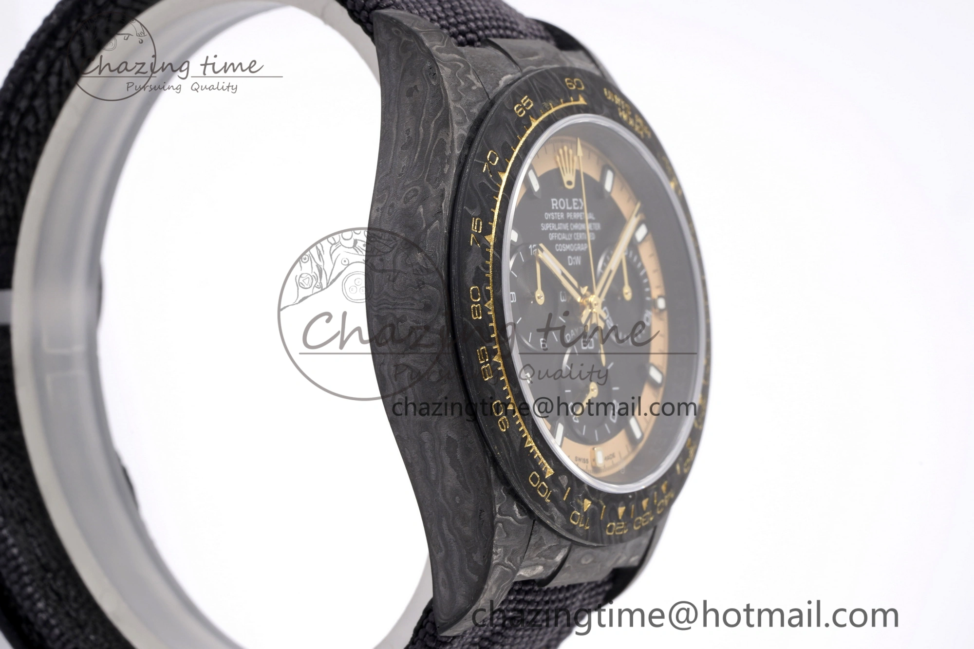 Daytona DIW Carbon Case and Bezel DIWF Edition Black Gold Dial on Black Nylon Strap A7750