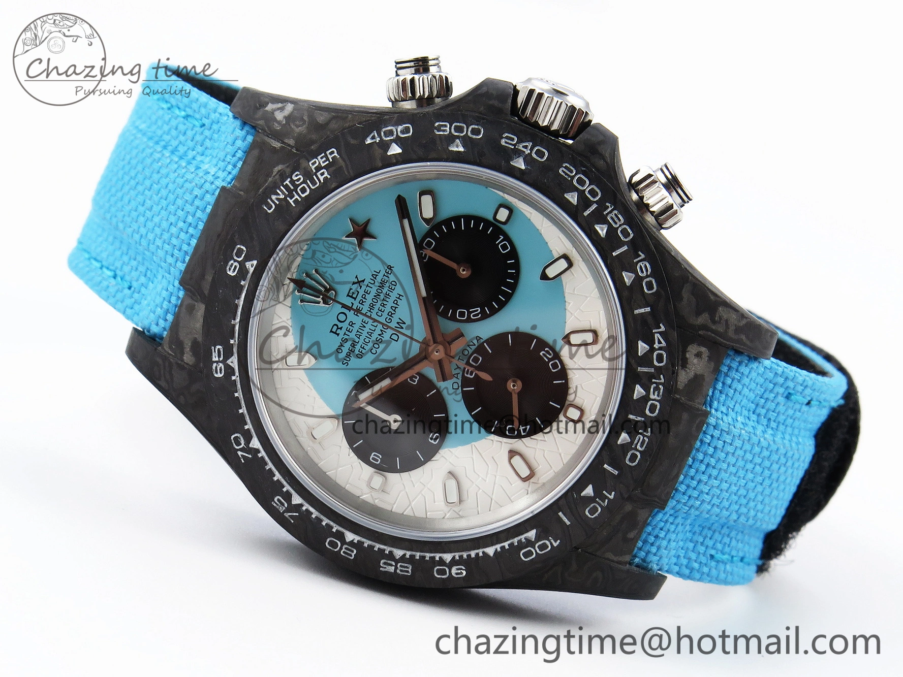 Daytona DIW Carbon Case and Bezel DIWF Edition White Blue Dial on Blue Nylon Strap A7750