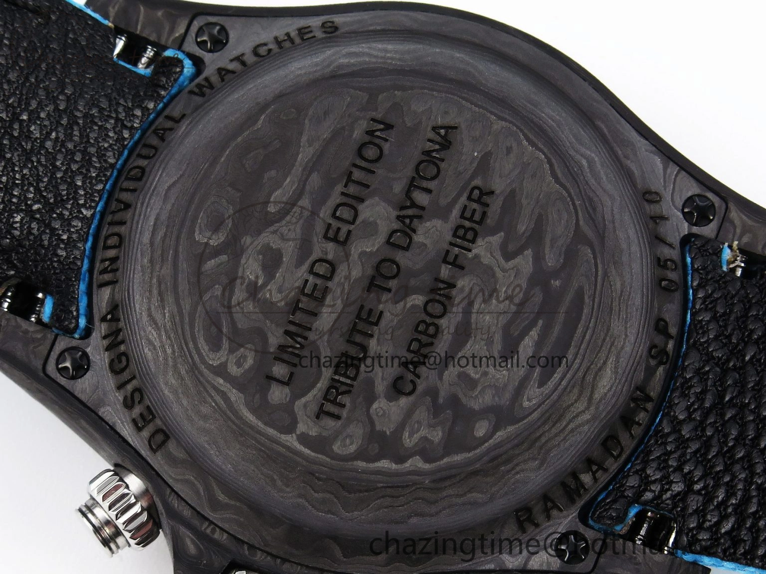 Daytona DIW Carbon Case and Bezel DIWF Edition White Blue Dial on Blue Nylon Strap A7750