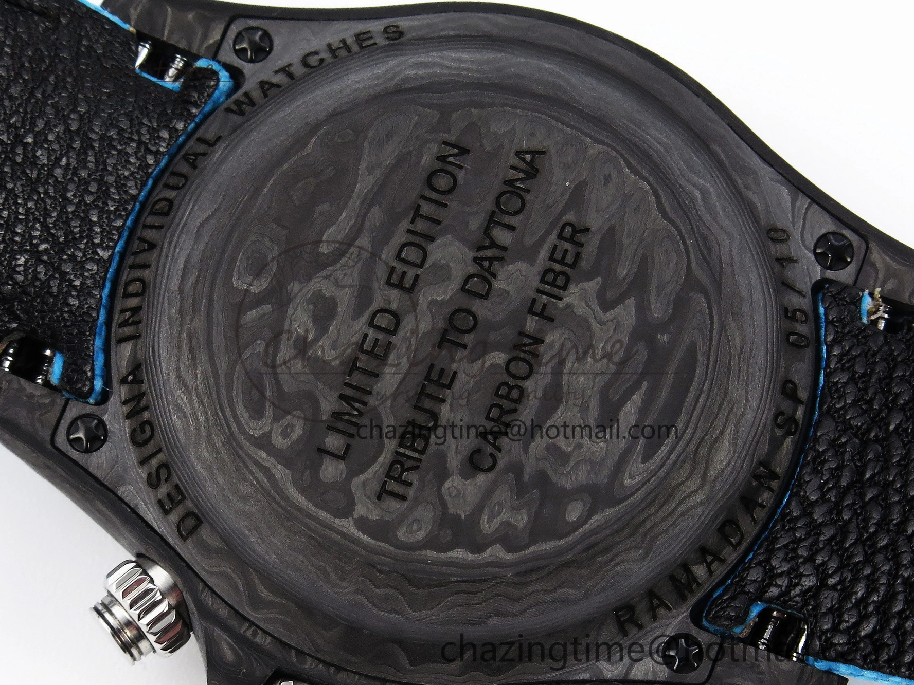 Daytona DIW Carbon Case and Bezel DIWF Edition White Blue Dial on Blue Nylon Strap A7750