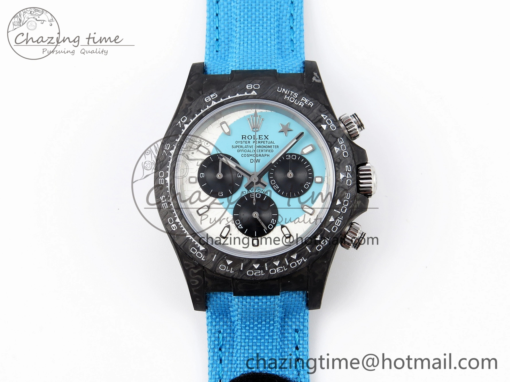 Daytona DIW Carbon Case and Bezel DIWF Edition White Blue Dial on Blue Nylon Strap A7750