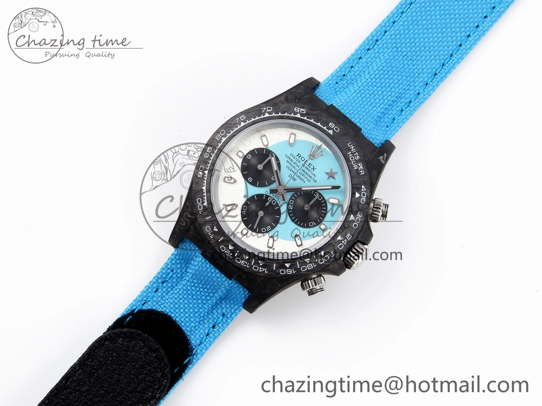 Daytona DIW Carbon Case and Bezel DIWF Edition White Blue Dial on Blue Nylon Strap A7750