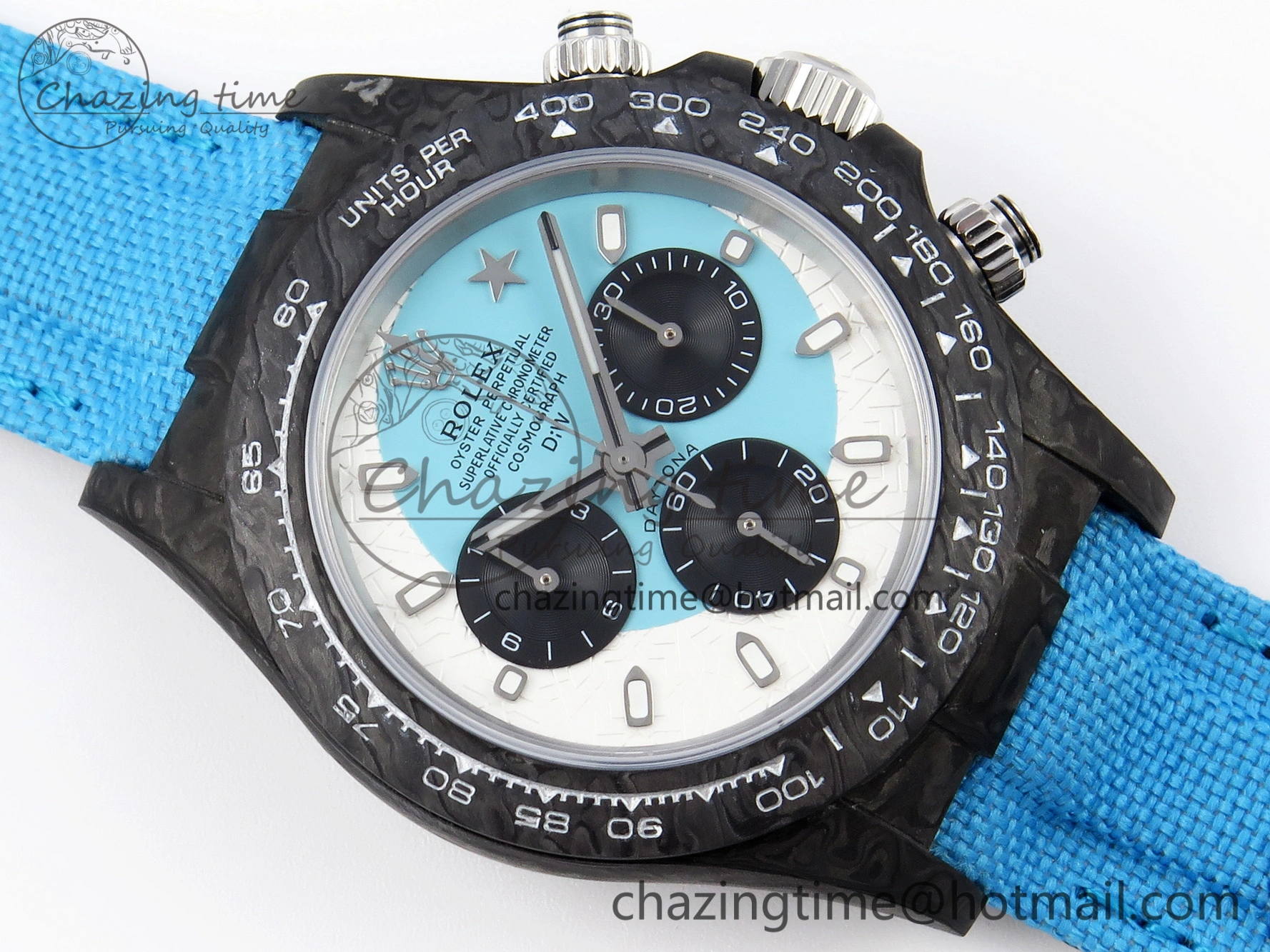 Daytona DIW Carbon Case and Bezel DIWF Edition White Blue Dial on Blue Nylon Strap A7750