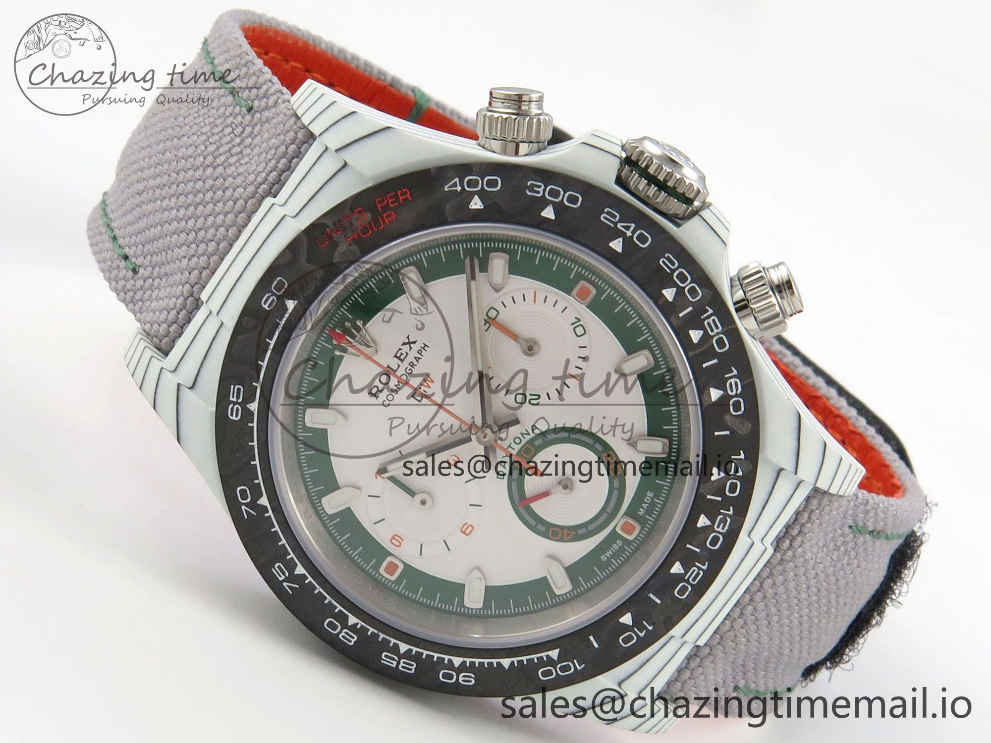Daytona DIW Carbon Case and Bezel DIWF Edition White Green Dial on Grey Nylon Strap A7750