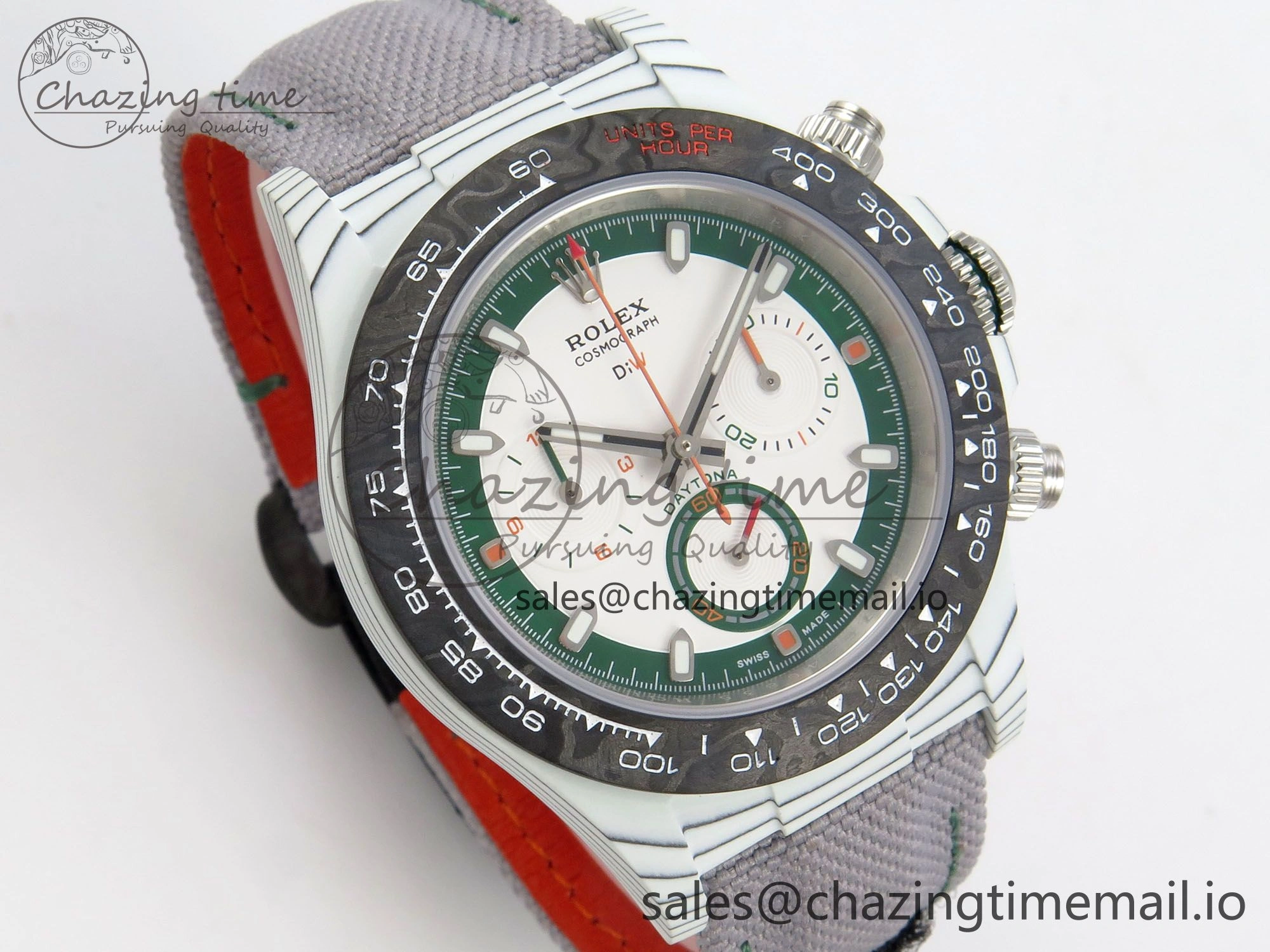 Daytona DIW Carbon Case and Bezel DIWF Edition White Green Dial on Grey Nylon Strap A7750