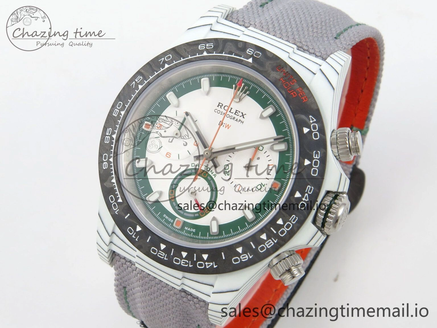 Daytona DIW Carbon Case and Bezel DIWF Edition White Green Dial on Grey Nylon Strap A7750