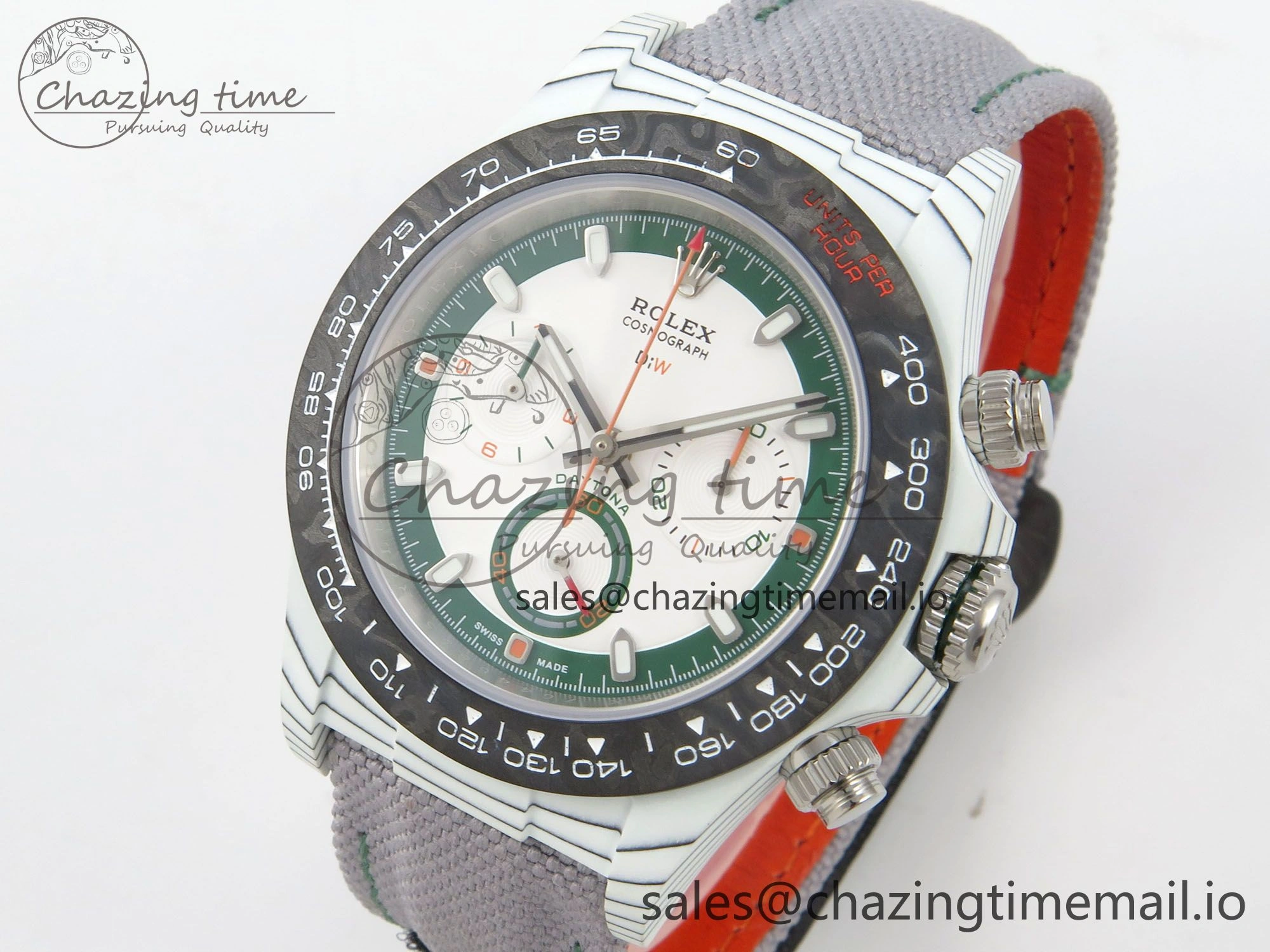 Daytona DIW Carbon Case and Bezel DIWF Edition White Green Dial on Grey Nylon Strap A7750